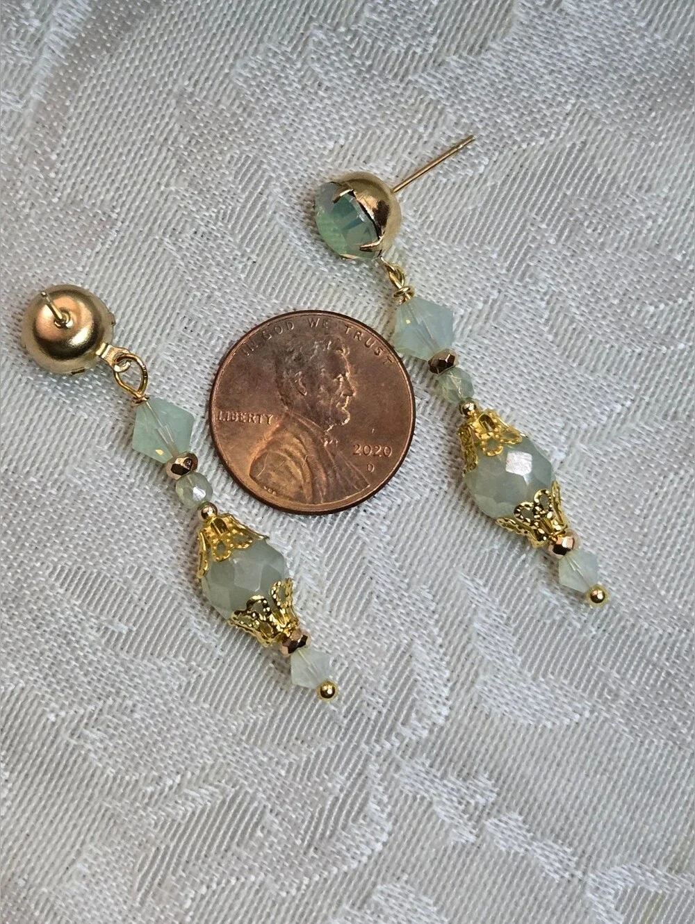 Victorian Delicate & Dainty Eucalyptus Green Opal Swarovski & Glass GP Earrings
